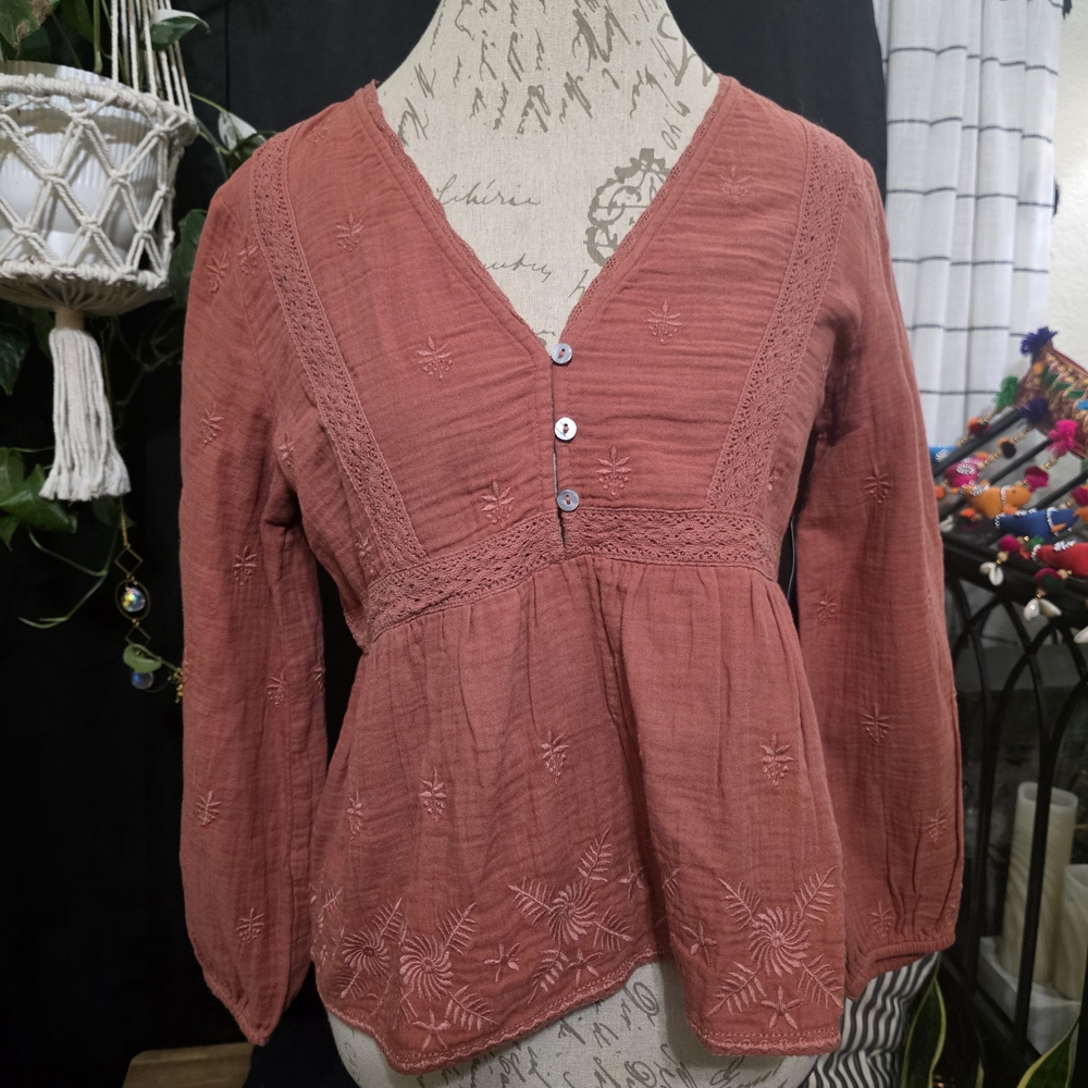 Lucky Rust Embroidered Bohemian Baby Doll Top
